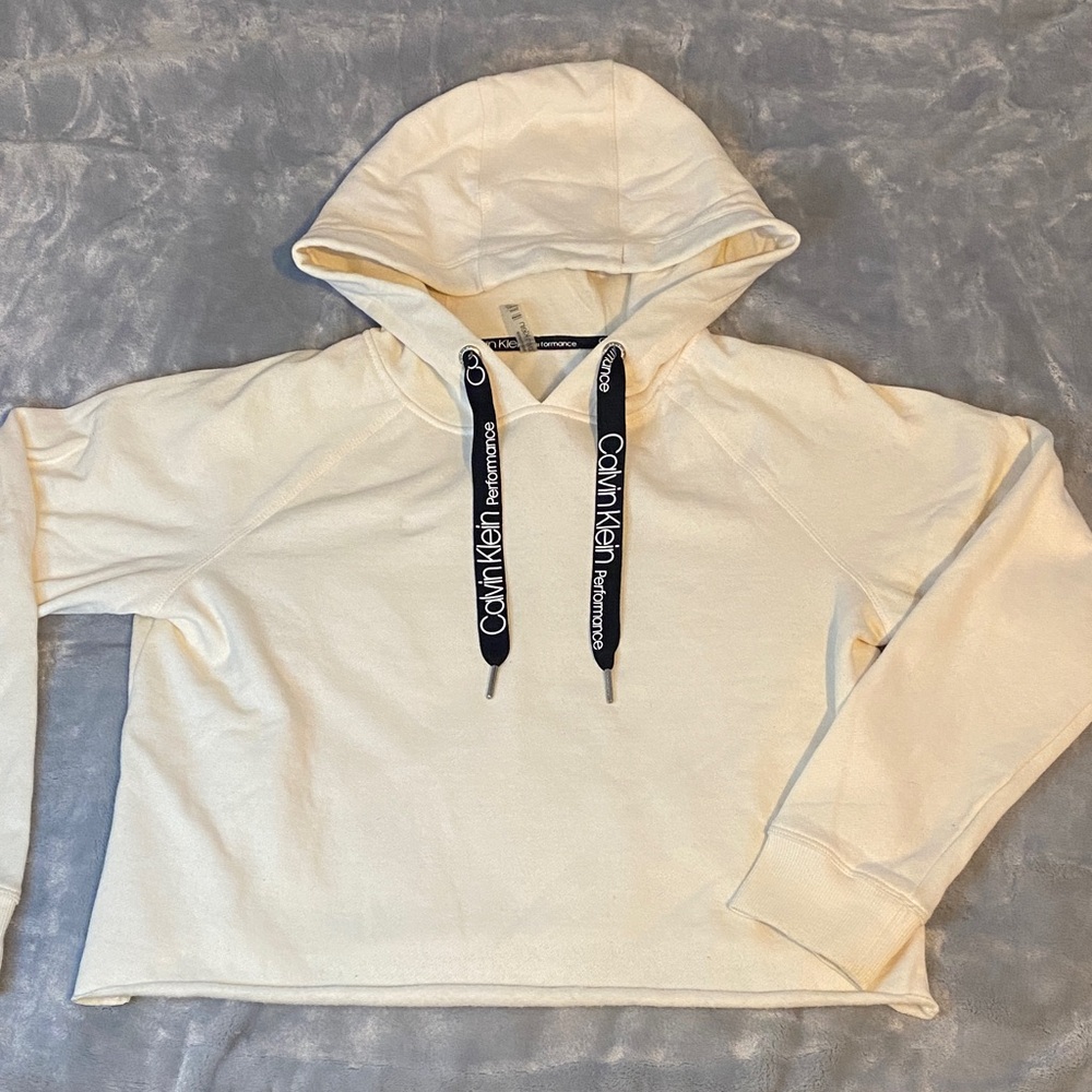 Calvin Klein Off-White Cropped Top Hoodie with Logo Drawstrings
